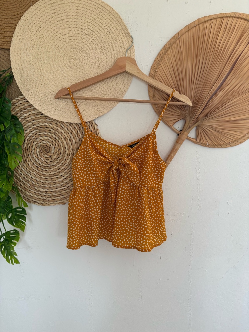 SHEIN Mustard Dot Tie-Front Spaghetti Strap Cami